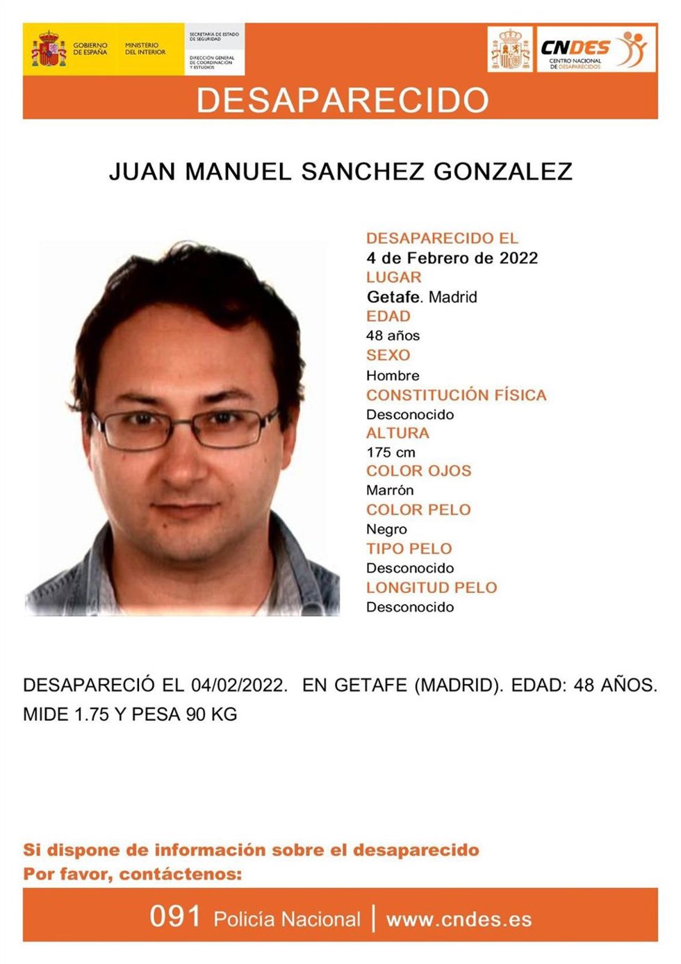 Buscan a un hombre de 48 años desaparecido el 4 de febrero en Getafe