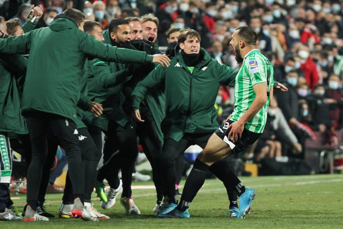Borja Iglasias of Real Betis celebrates a goal during Copa del Rey football match played between Rayo Vallecano and Real Betis at Vallecas stadium on February 09, 2022, in Madrid, Spain.