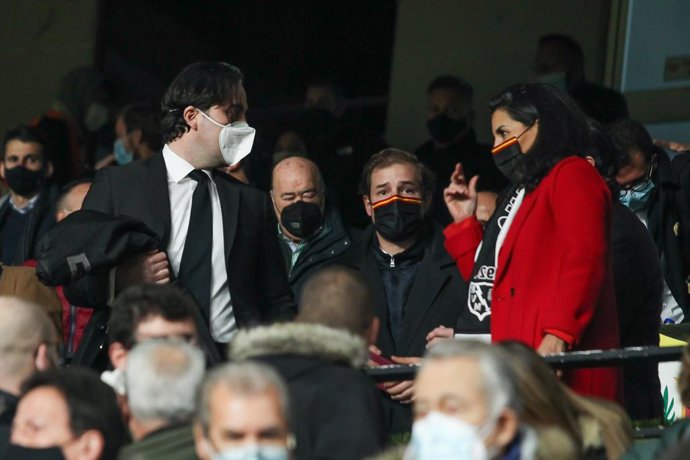 Martin Presa, president of Rayo Vallecano and Rocio Monasterio, deputy for VOX in the Madrid Assembly, is seen during Copa del Rey football match played between Rayo Vallecano and Real Betis at Vallecas stadium on February 09, 2022, in Madrid, Spain.