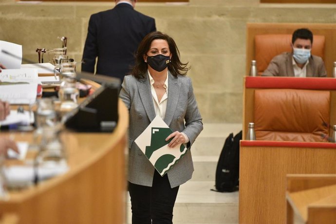 La presidenta del Gobierno riojano se dirige a la tribuna en el Parlamento de La Rioja
