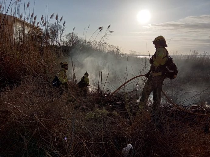 Un bombero forestal en labores de remate en el paraje Punta Entinas-Sabinar, en Roquetas de Mar (Almería)