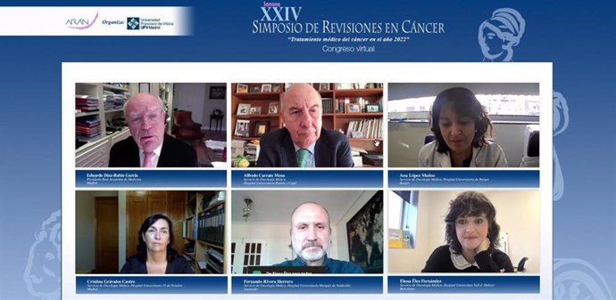 Los expertos que han participado en la mesa sobre cáncer colorrectal en la tercera jornada virtual del XXIV Simposio de Revisiones en Cáncer.
