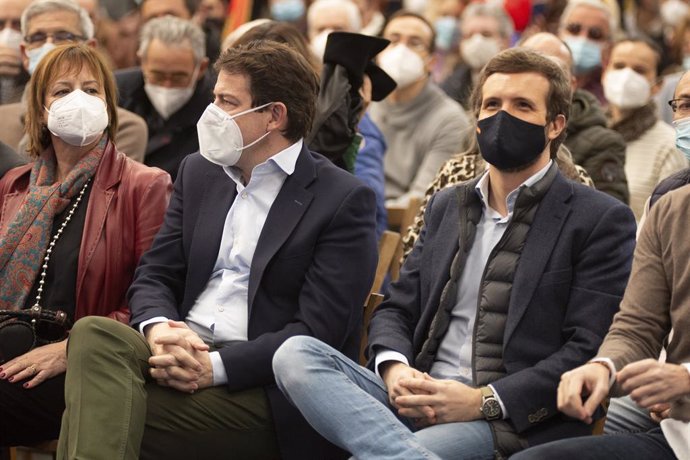 Palencia, domingo 6 de febrero de 2022. Acto público del PP con motivo de las elecciones autonómicas de Castilla y León, con la presencia de Pablo Casado, presidente del PP y Alfonso Fernández Mañueco, candidato a la presidencia de la Junta.