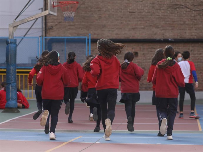Un grupo de niños en el patio de un colegio