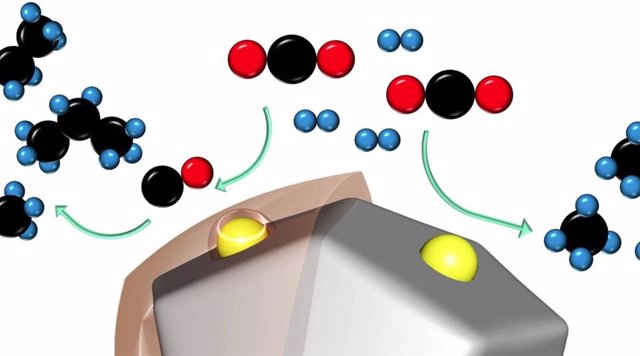 El CO2 (negro y rojo) y las moléculas de hidrógeno (azul) reaccionan con la ayuda de un catalizador a base de rutenio.