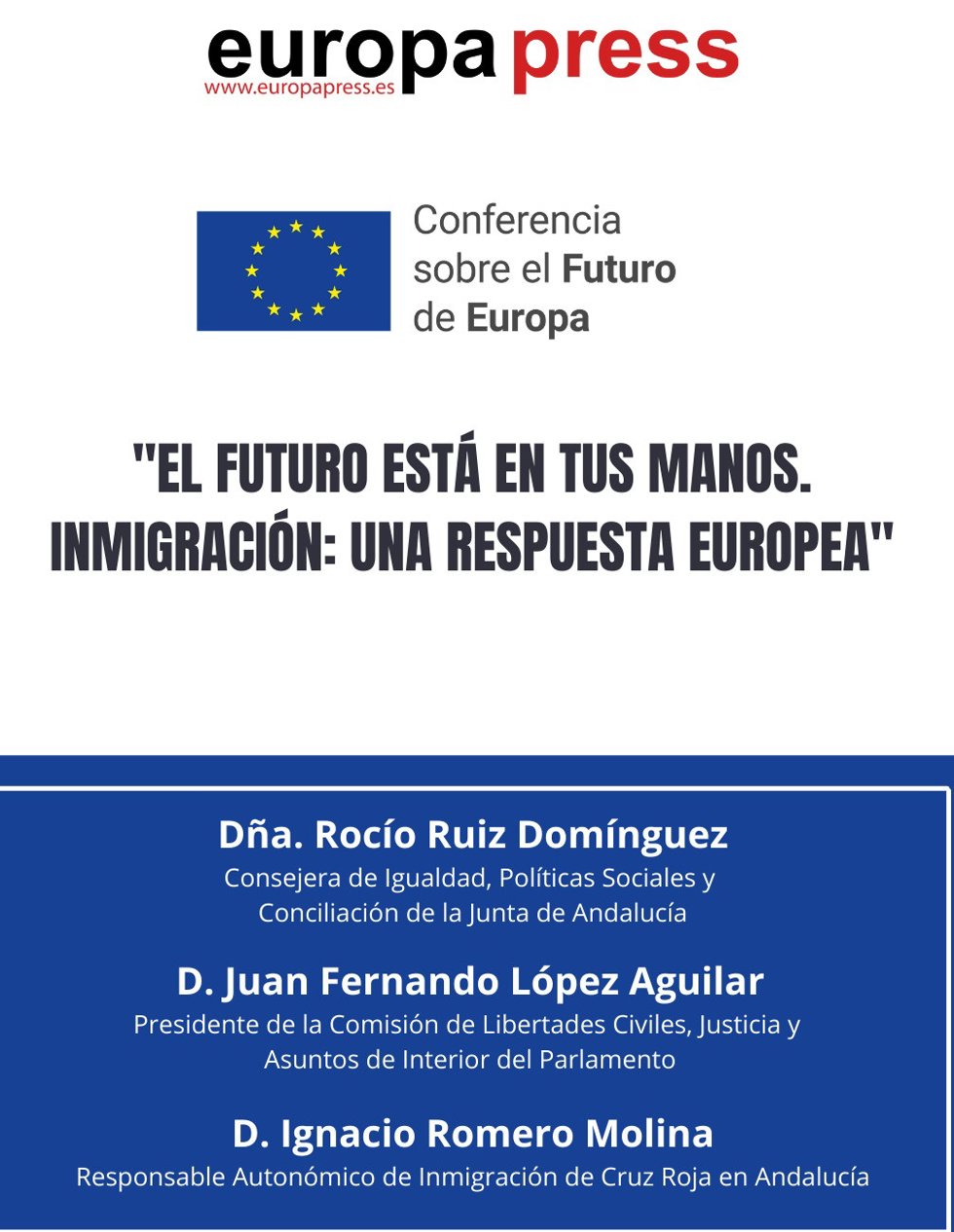 Cartel del encuentro informativo 'El futuro está en tus manos. Inmigración: una respuesta europea' a celebrar en Sevilla el 11 de febrero de 2022.
