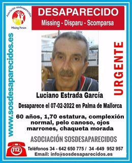 La asociación SOSDesaparecidos alerta de la desaparición de Luciano Estrada García.