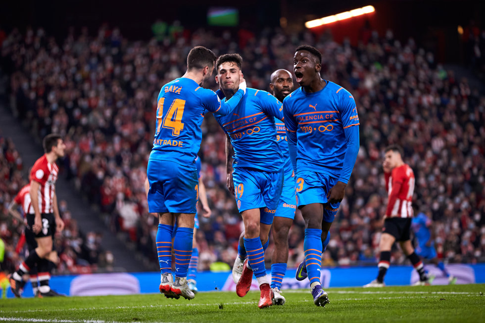 Hugo Duro of Valencia CF reacts after scoring goal during the match of Copa del Rey, between Athletic Club and Valencia CF at San Mames on 10 of February, 2022 in Bilbao, Spain.