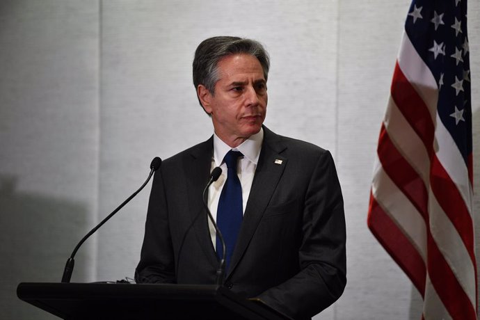 U.S. Secretary of State Antony Blinken looks on during a press conference following the Quad Foreign Ministers' Meeting in Melbourne, Friday, February 11, 2022. (AAP Image/James Ross) NO ARCHIVING