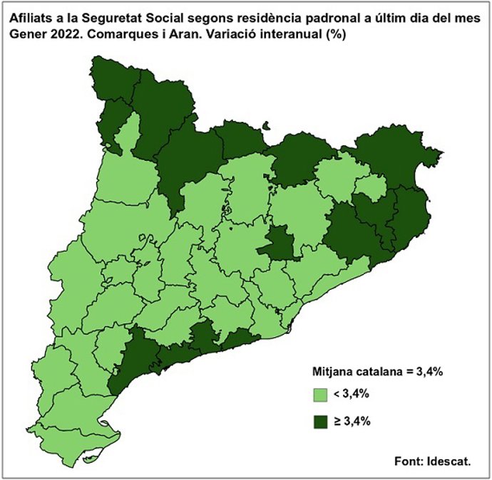 Los afiliados a la Seguridad Social crecen un 3,4% en enero en Catalunya respecto a 2021
