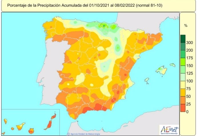 Las lluvias acumuladas en España desde el inicio del año hidrológico, el 1 de octubre de 2021, hasta el 8 de febrero de 2022 están un 40 por ciento por debajo de los valores normales, según la AEMET.