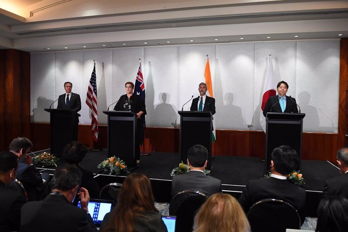 (L-R) U.S. Secretary of State Antony Blinken, Australian Minister for Foreign Affairs Marise Payne, Indian Minister of External Affairs Dr S. Jaishankar and Japanese Minister for Foreign Affairs Hayashi Yoshimasa during a press conference following the 