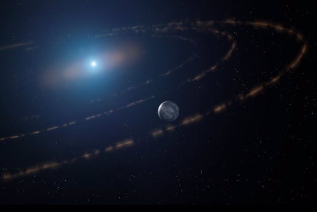 Impresión de un artista de la estrella enana blanca WD1054–226 orbitada por nubes de desechos planetarios y un planeta importante en la zona habitable.