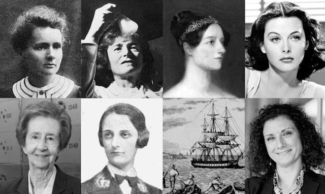 De izquierda a derecha, de arriba a abajo: Marie Curie, Gerty Cori, Ada Lovelace, Hedy Lamarr, Margarita Salas, Pilar Careaga Basabe, grabado de la corbeta María Pita de la expedición Balmis en la que participó Isabel Zendal y Elena García Armada