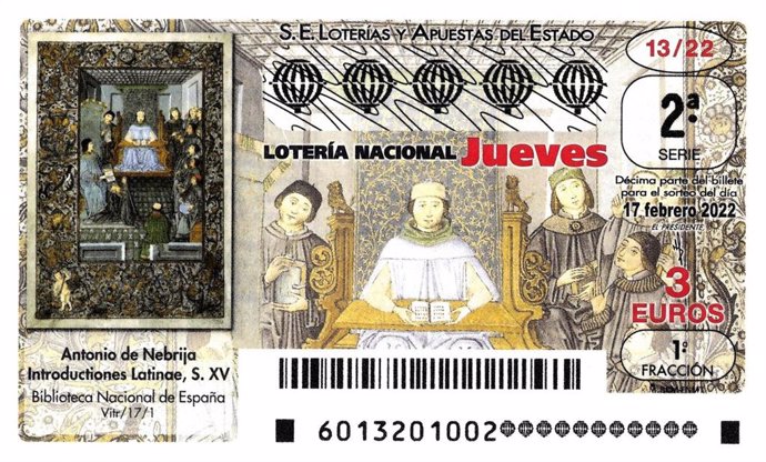 Imagen del cupón de Lotería Nacional dedicado a Elio Antonio de Nebrija.