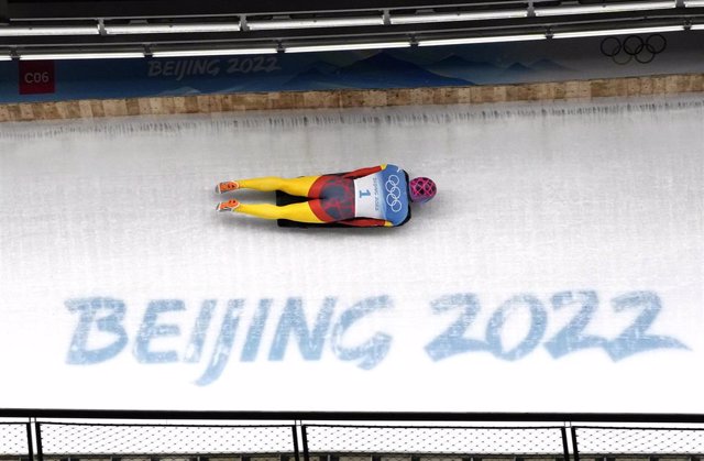 Ander Mirambell durante una de sus mangas en el skeleton de los Juegos Olímpicos de Pekín de 2022