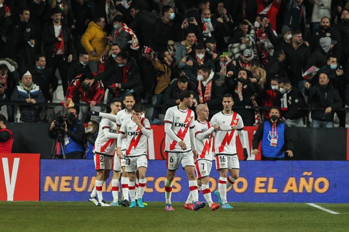 Alvaro Garcia of Rayo Vallecano celebrates a goal looks on during Copa del Rey football match played between Rayo Vallecano and Real Betis at Vallecas stadium on February 09, 2022, in Madrid, Spain.