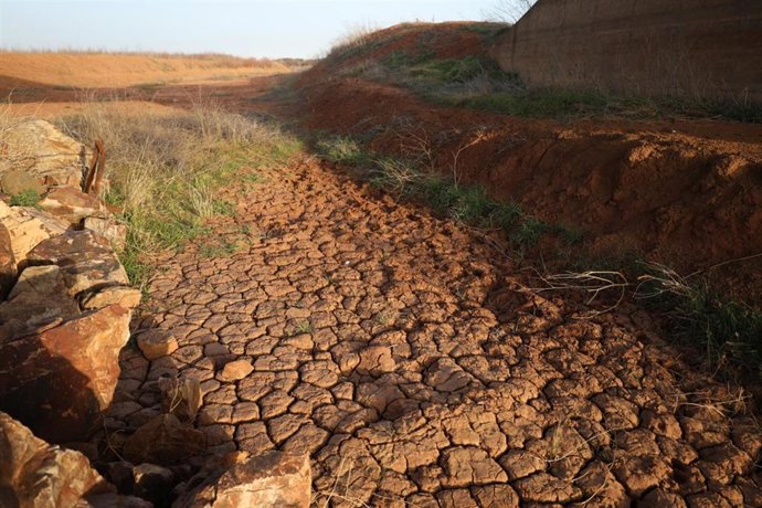 Evidencias de sequía en el Embalse de La Vega del Jabalón, en Calzada de Calatrava, Ciudad Real, Castilla-La Mancha 