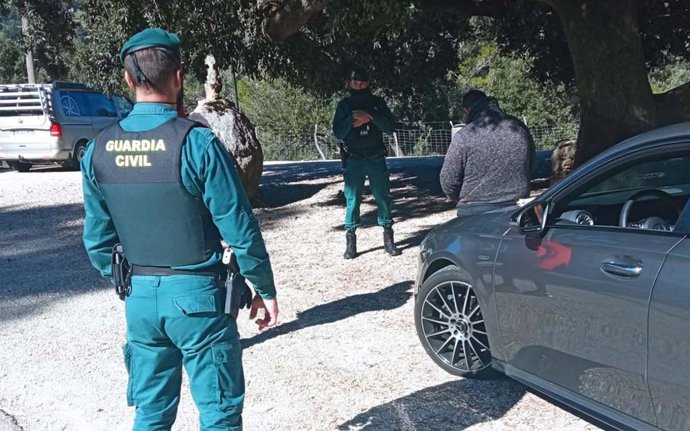 Agentes de la Guardia Civil junto al detenido como presunto autor de varios robos en interior de vehículos en Escorca