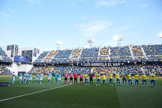 The Cadiz fans show a banner with the slogan "Luis fixes the VAR" during the spanish league, La Liga Santander, football match played between Cadiz CF and RC Celta de Vigo  at Nuevo Mirandilla stadium on February 12, 2022, in Cadiz, Spain.