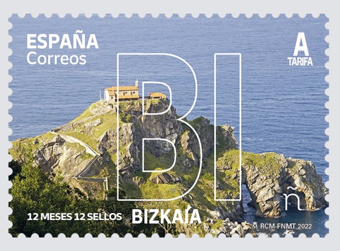 Sello de Correos dedicado a Bizkaia, con la panorál¡mica de San Juan de Gaztelugatxe