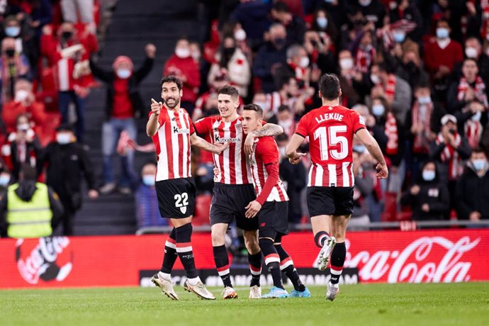 Oihan Sancet and Alex Berenguer of Athletic Club reacts after scoring goal during the Spanish league match of La Liga Santander, between Athletic Club and RCD Espanyol at San Mames on 7 of February, 2022 in Bilbao, Spain.