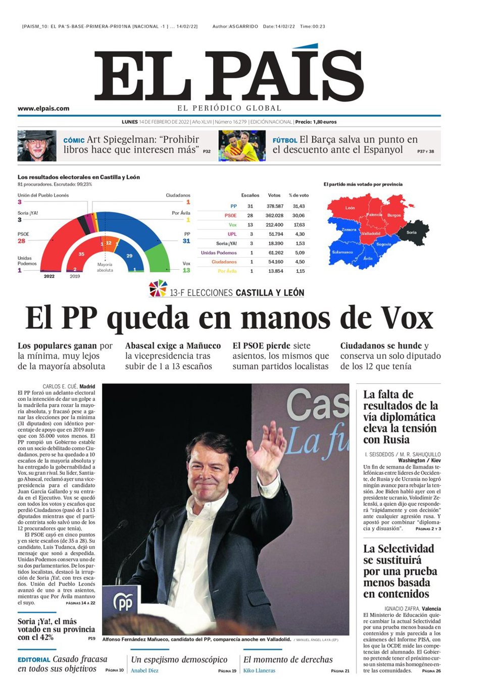 Portada El País, lunes 14 de febrero de 2022