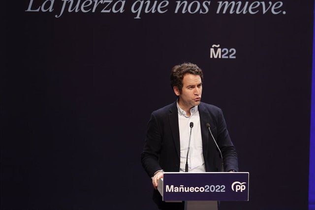 El secretario general del PP, Teodoro García Egea, interviene en un mitin, a 7 de febrero de 2022, en Soria, Castilla y León (España). 