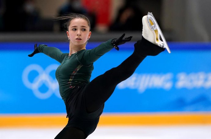 13 February 2022, China, Beijing: ROC's Kamila Valieva in action during a training session at the Capital Indoor Stadium on Day Nine of the Beijing 2022 Winter Olympic Games. Photo: Andrew Milligan/PA Wire/dpa