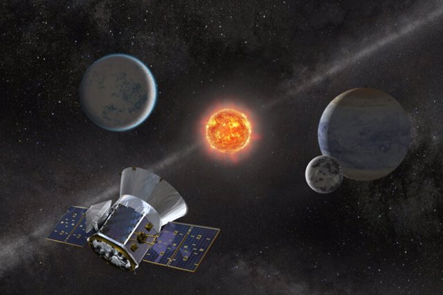 Concepto artístico de TESS observando una estrella enana M con planetas en órbita.