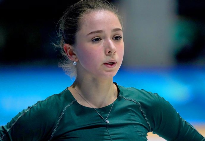 13 February 2022, China, Beijing: ROC's Kamila Valieva reacts during a training session at the Capital Indoor Stadium on Day Nine of the Beijing 2022 Winter Olympic Games. Photo: Andrew Milligan/PA Wire/dpa