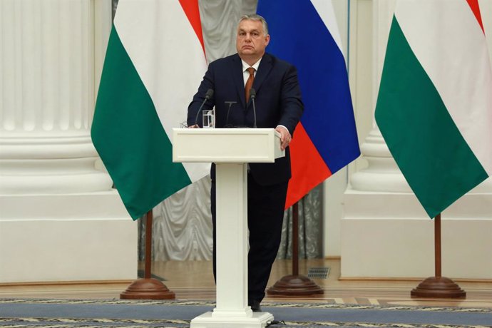 01 February 2022, Russia, Moscow: Hungarian Prime Minister Viktor Orban holds a joint press conference with Russian President Vladimir Putin (not pictured). Photo: -/Kremlin/dpa - ATTENTION: editorial use only and only if the credit mentioned above is r