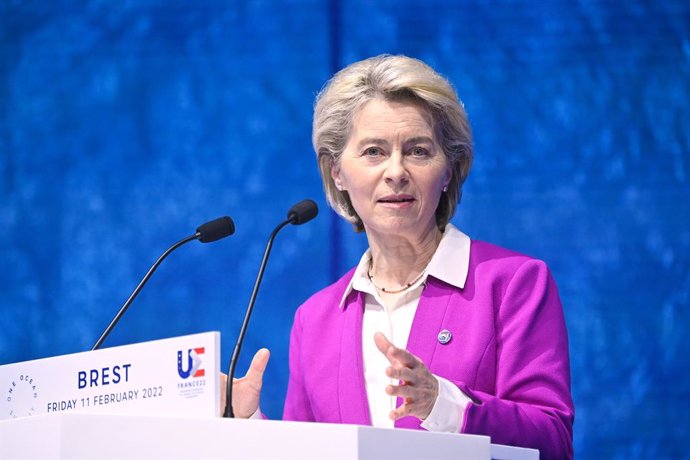 HANDOUT - 11 February 2022, France, Brest: European Commission President Ursula von der Leyen speaks during the One Ocean Summit. Photo: Christophe Licoppe/European Commission /dpa - ATTENTION: editorial use only and only if the credit mentioned above i