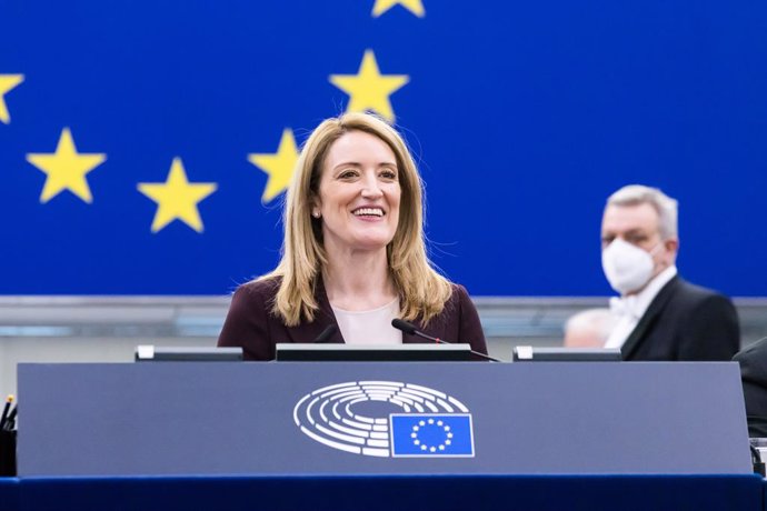 19 January 2022, France, Strasbourg: Roberta Metsola, President of the European Parliament, leads a plenary session at the European Parliament building. Photo: Philipp von Ditfurth/dpa