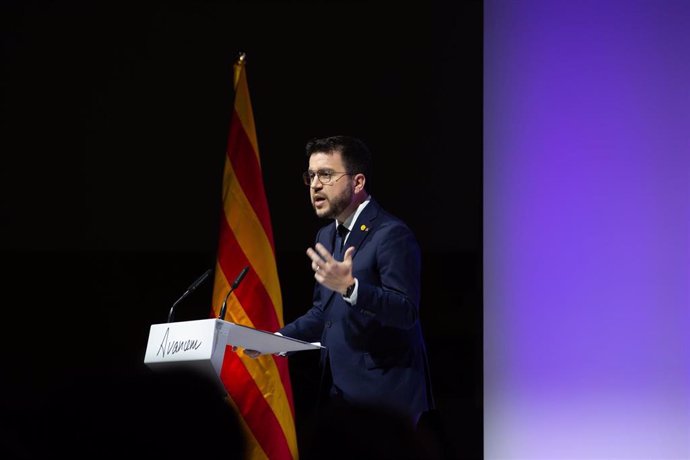 El presidente de la Generalitat, Pere Aragons, en la conferencia con motivo del primer aniversario de las elecciones del 14 de febrero.