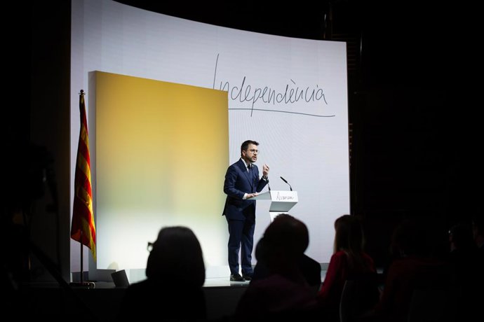El president de la Generalitat, Pere Aragons, en la seva conferncia amb motiu del primer aniversari de les eleccions del 14 de febrer.