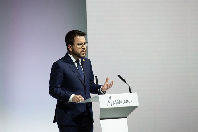 El president de la Generalitat, Pere Aragons, durant una conferncia en el Museu Nacional d?Art de Catalunya (MNAC), a 14 de febrer de 2022, a Barcelona, Catalunya (Espanya). Durant la seva compareixena, oferta un any després de les eleccions en Catalu