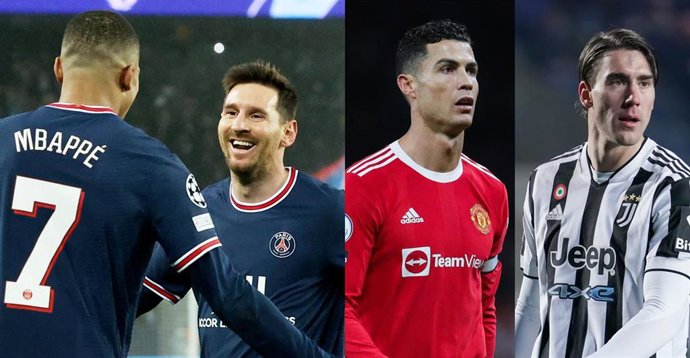 Kylian Mbappé con Leo Messi (PSG), Cristiano Ronaldo (Manchester United) y Dusan Vlahovic (Juventus)