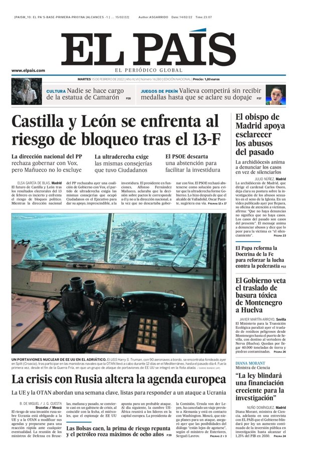 Portada El País, martes 15 de febrero de 2022