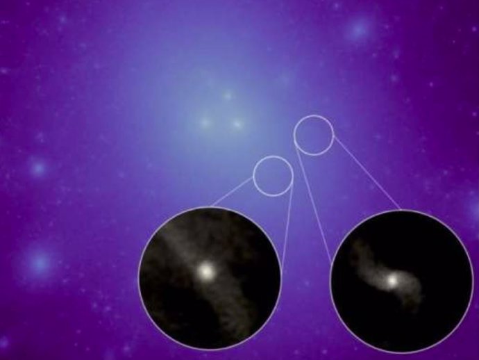 Distribución de materia oscura en un grupo de galaxias simulado, con áreas más brillantes que muestran concentraciones más altas de materia oscura.