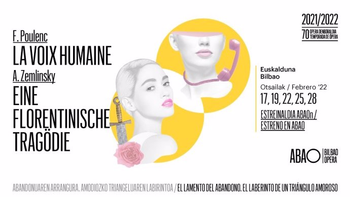 Cartel de ABAO Bilbao Opera con el estreno de 'La voix humaine' y 'Eine florentinische tragdie'.