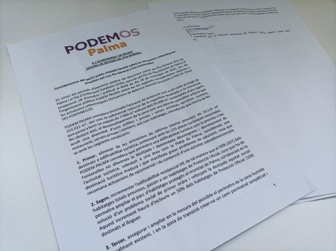 Alegaciones presentadas por Podemos Palma al nuevo PGOU de la ciudad.