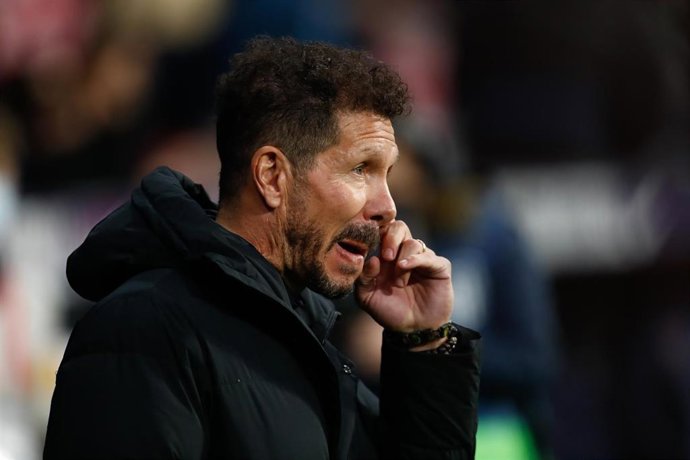 Diego Pablo Simeone, coach of Atletico de Madrid, looks on during the Spanish League, La Liga Santander, football match played between Atletico de Madrid and Valencia CF at Wanda Metropolitano stadium on January 22, 2022, in Madrid, Spain.