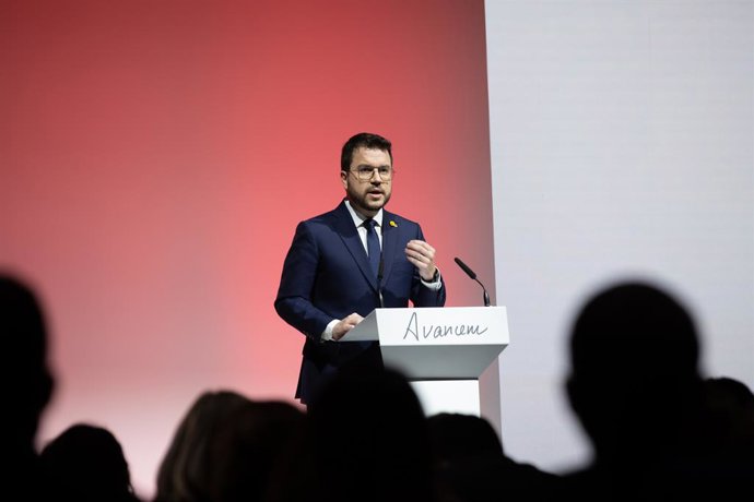 El president de la Generalitat, Pere Aragons, durant una conferncia al Museu Nacional d'Art de Catalunya (MNAC), a 14 de febrer de 2022, a Barcelona, Catalunya (Espanya). ARXIU.