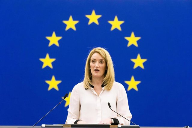 14 February 2022, France, Strasbourg: Roberta Metsola, President of the European Parliament speaks during a plenary session of the European Parliament. Photo: Philipp von Ditfurth/dpa