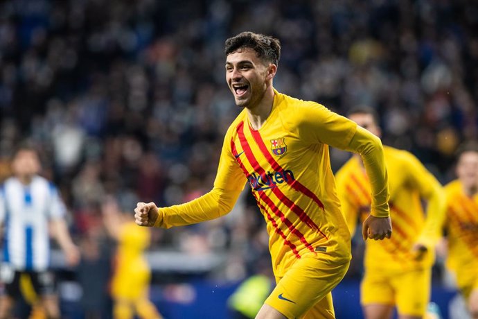 Pedro "Pedri" Gonzalez of FC Barcelona celebrating the first goal during La Liga match, football match played between RCD Espanyol and FC Barcelona at RCD Stadium on February 13, 2022, in Barcelona, Spain.