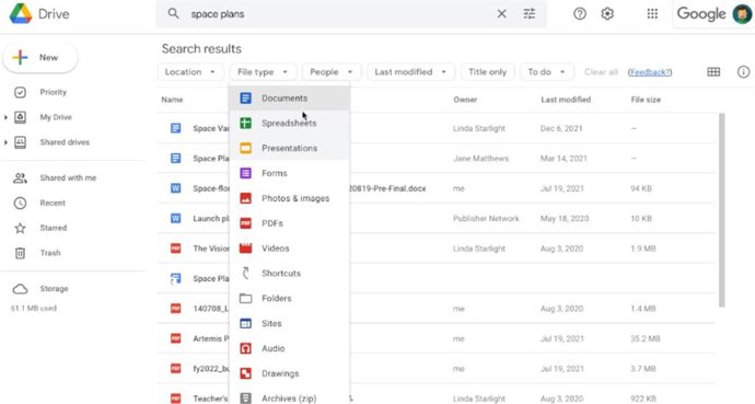 Filtros de búsqueda en Google Drive.