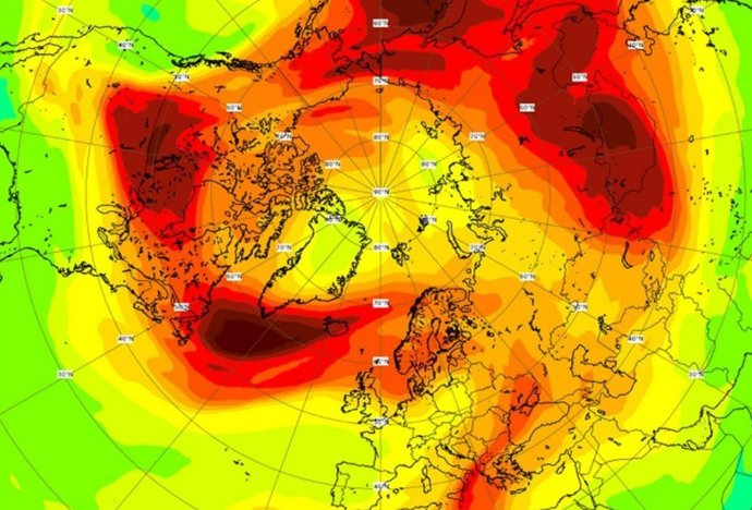 Meteored avisa de que la capa de ozono, medida el 11 de febrero de 2022, apunta que podría abrirse un agujero en la capa de ozono en el hemisferio norte.