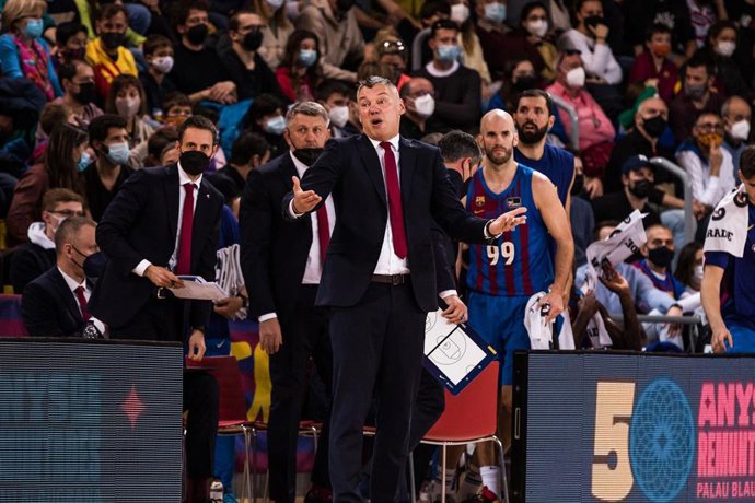 El técnico del Bara Sarunas Jasikevicius en un partido de Liga Endesa en el Palau Blaugrana