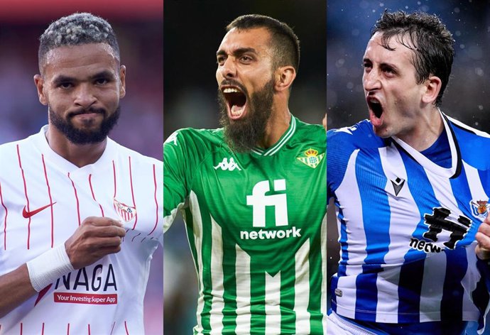 En-Nesyri, Borja Iglesias y Mikel Oyarzabal, jugadores de Sevilla, Betis y Real Sociedad